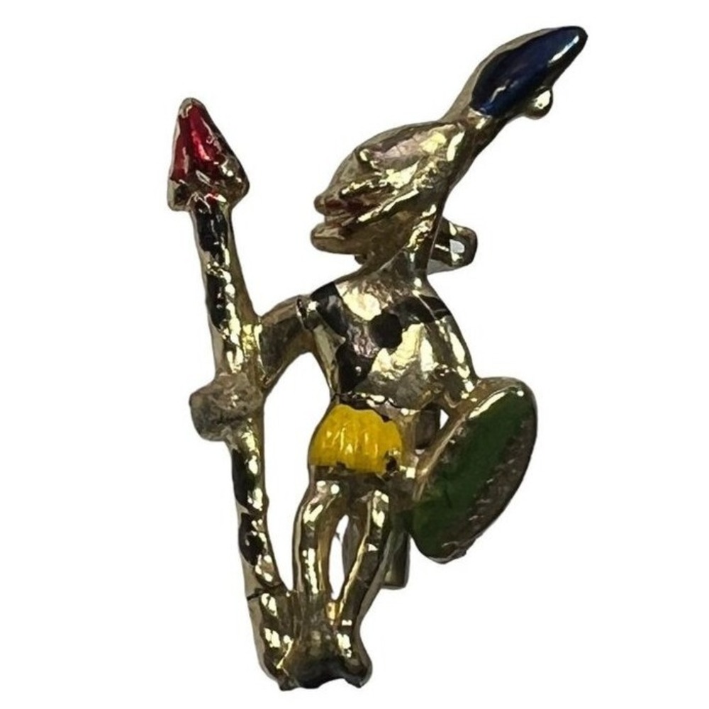 Vintage Brooch Midieval Knight Aboriginal Man Gold Tone and Enamel Pin